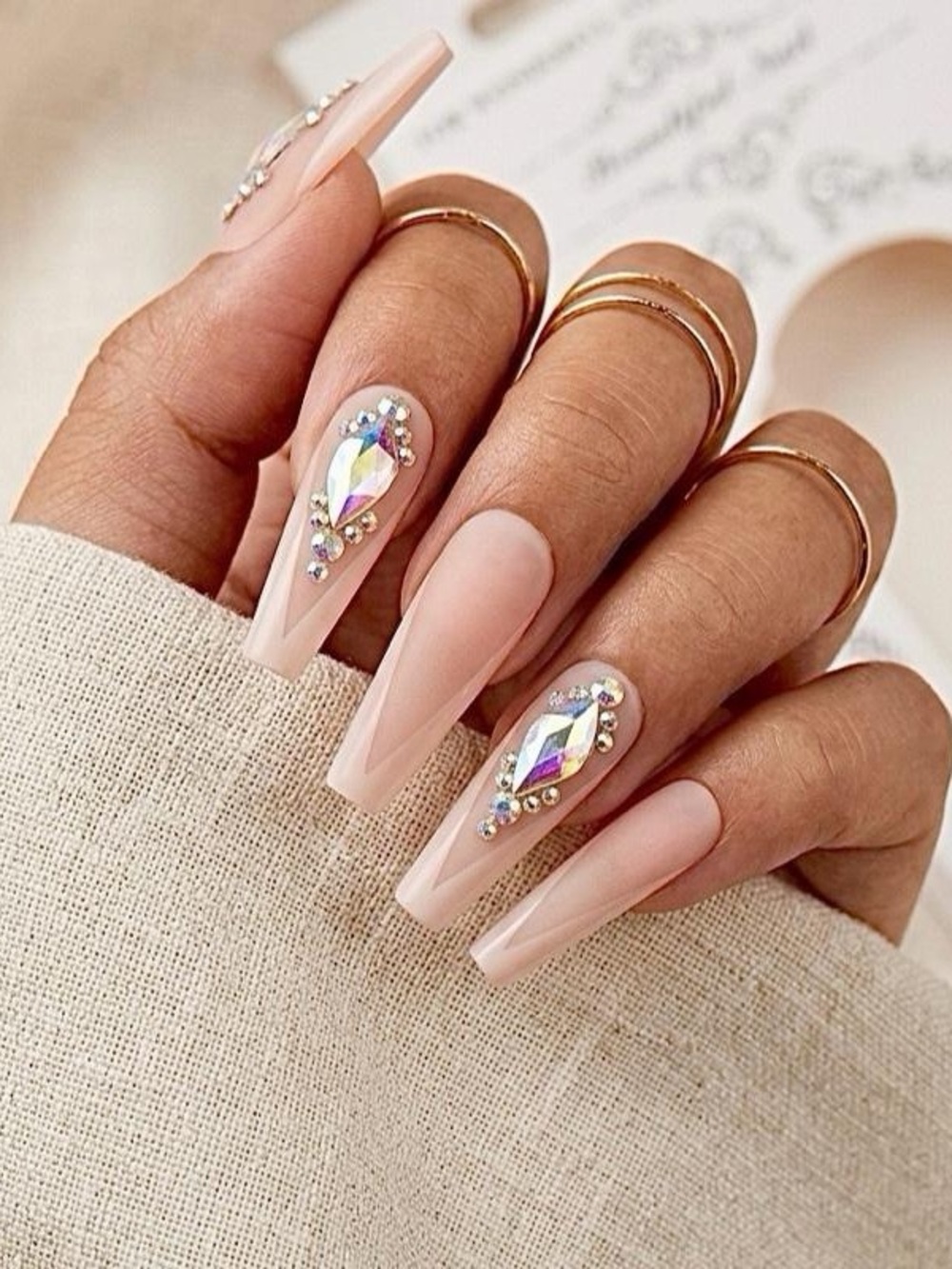 Nude Pink Acrylic Nails with Crystal Accent - Elegant Women Makeup